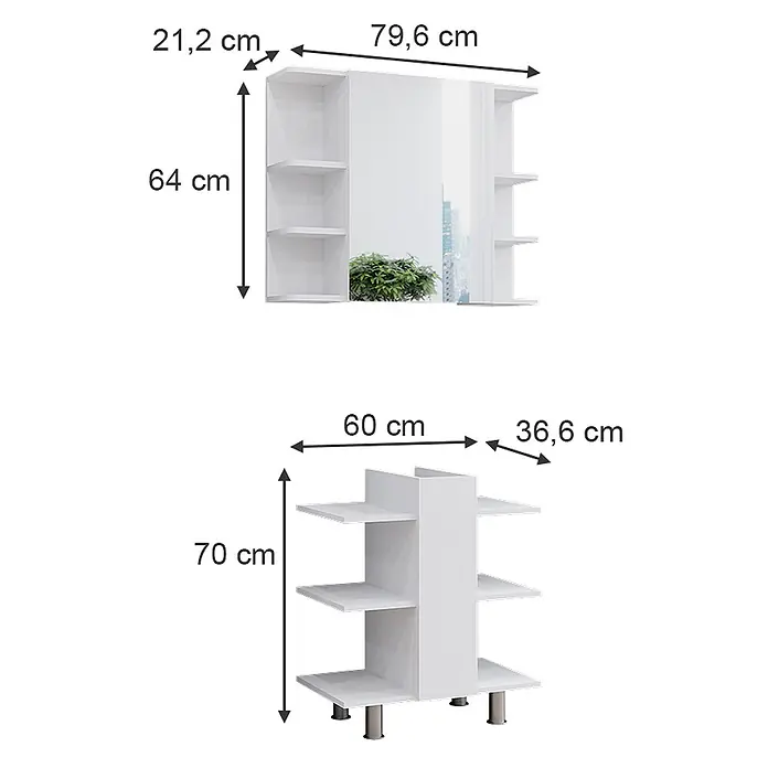 Vicco Badmöbel-Set Fynn Weiß 2 Teile, Waschbeckenunterschrank und Bad Spiegelschrank - Weiß, Matt - Weißer wandmontierter Spiegelschrank mit offenen Regalen und passendes freistehendes weißes Regal.