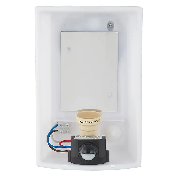 Lindby Außenwandleuchte Vimal - schwarz, schwarz, IP44 - Weißer Lampensockel mit E27 LED-Fassung (max. 15W) und integriertem Bewegungssensor.