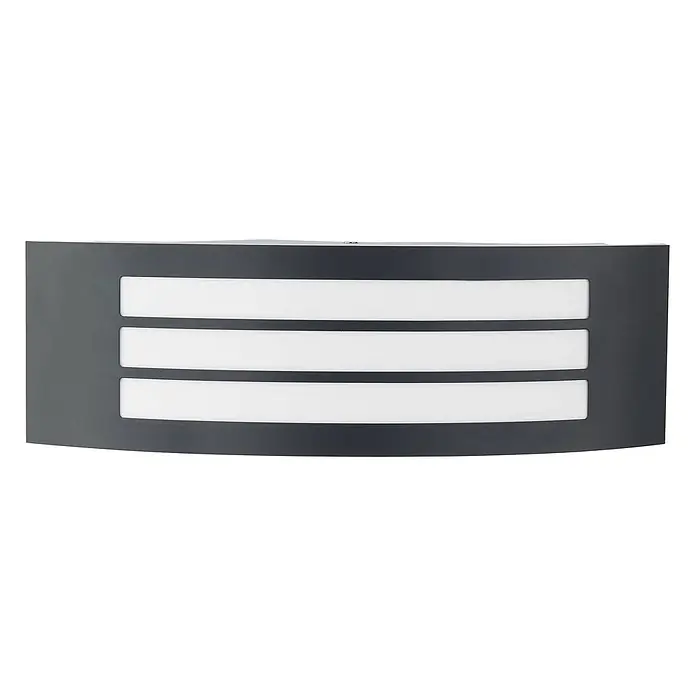 Lindby Außenwandleuchte Vilam - 9 x 31,8 x 10 cm, schwarz, schwarz, IP44 - Dunkelgraue, gebogene Wandleuchte mit drei horizontalen weißen Lichtpaneelen.