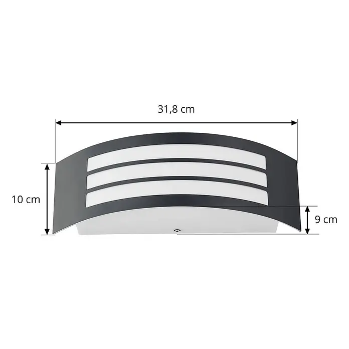 Lindby Außenwandleuchte Vilam - 9 x 31,8 x 10 cm, schwarz, schwarz, IP44 - Gebogene dunkelgraue Metall-Wandleuchte mit drei horizontalen weißen Diffusorstreifen und einem weißen Bodendiffusor.