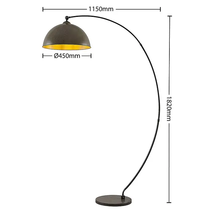 Lindby Stehleuchte Jonera - Höhe: 185 cm, alu / grau / zink, alu / grau / zink, E27 - Bogenstehleuchte aus dunklem Metall mit goldfarbenem Schirm.