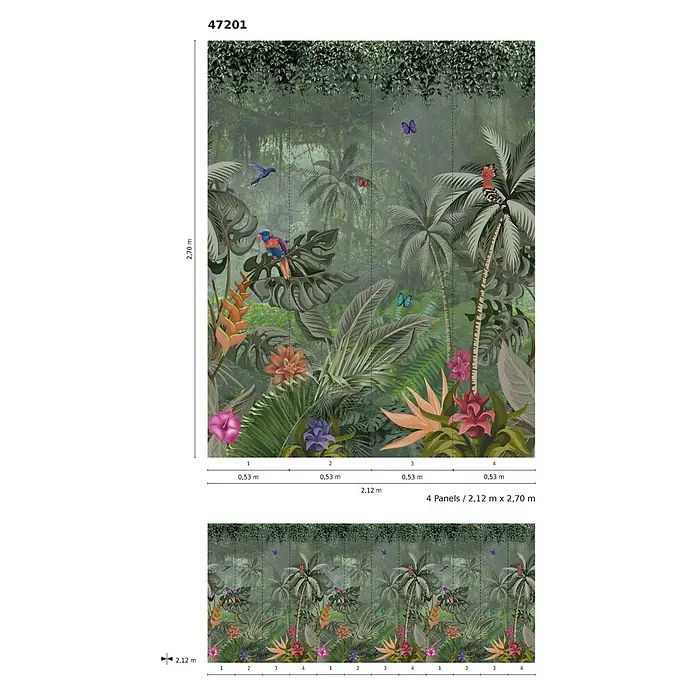 Marburg Smart Art Easy Fototapete Dschungel I - B x H: 212 x 270 cm, Vlies - Tapetenwandbild mit Dschungelszene, üppigen Pflanzen, Palmen, exotischen Vögeln und bunten Schmetterlingen.