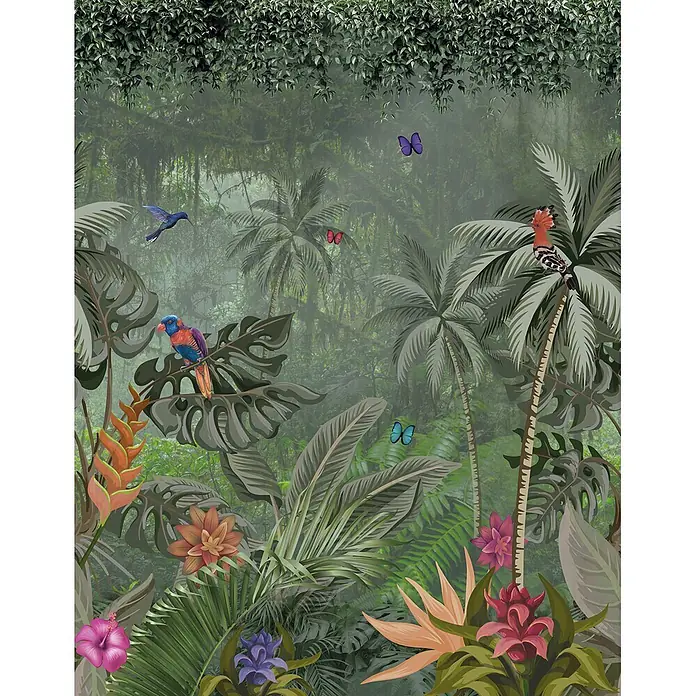 Marburg Smart Art Easy Fototapete Dschungel I - B x H: 212 x 270 cm, Vlies - Üppige tropische Dschungelszene mit lebendigen exotischen Pflanzen, Blumen, Vögeln und Schmetterlingen.