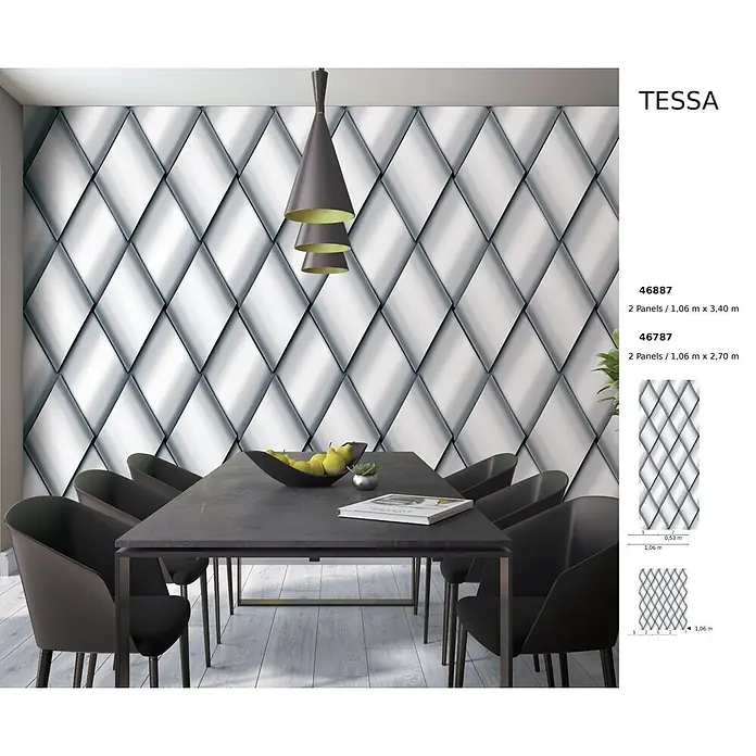 Marburg Smart Art Aspiration Fototapete Grafik IV - B x H: 106 x 340 cm, Vlies - Moderne 3D-Tapete mit geometrischem Rautenmuster in einem Esszimmer, die dem Raum Tiefe verleiht.