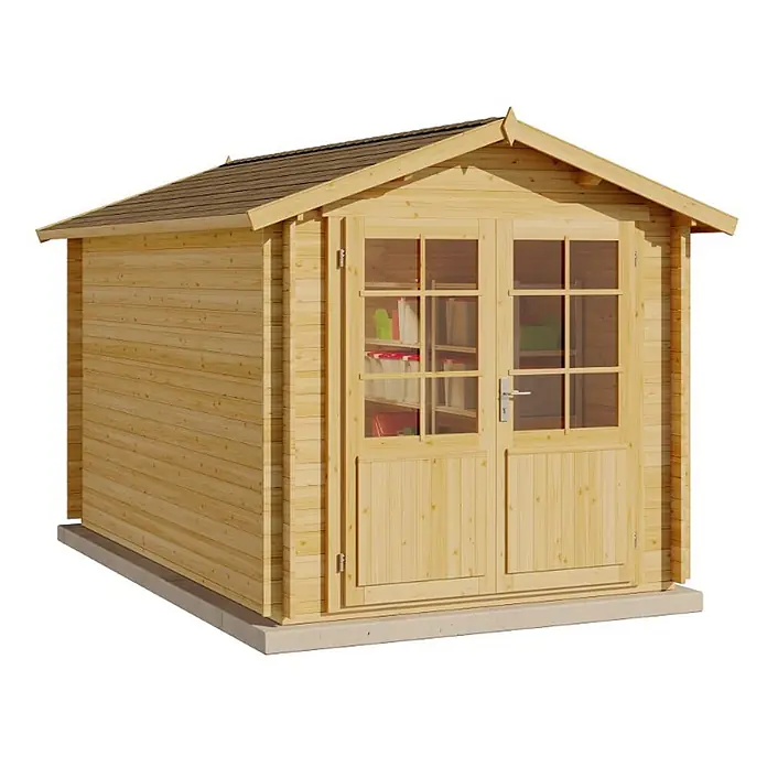 Alpholz Gerätehaus Bremen C - Außenbreite inkl. Dachüberstand: 270 cm, Außentiefe inkl. Dachüberstand: 420 cm, Holz, Pinie - Helles Gartenhaus aus Holz mit braunem Dach, Doppeltüren mit Glas und Innenregalen, auf Betonfundament.