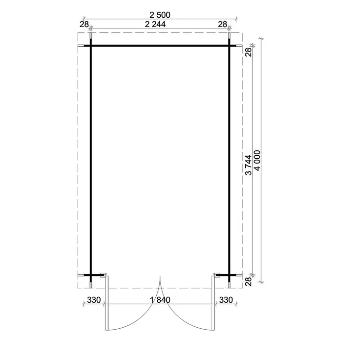 Alpholz Gerätehaus Bremen C - Außenbreite inkl. Dachüberstand: 270 cm, Außentiefe inkl. Dachüberstand: 420 cm, Holz, Pinie - Grundrisszeichnung einer rechteckigen Struktur mit Maßen, extern (2500x4000) und intern (2244x3744), sowie einer 1840mm breiten Türöffnung.