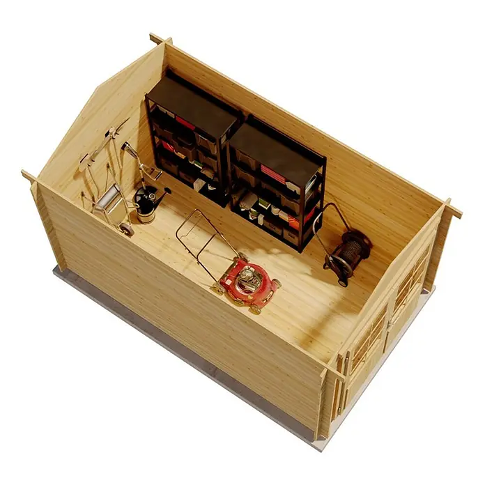 Alpholz Gerätehaus Bremen C - Außenbreite inkl. Dachüberstand: 270 cm, Außentiefe inkl. Dachüberstand: 420 cm, Holz, Pinie - Draufsicht auf das helle Holzschuppeninnere mit zwei Regalen, einem roten Rasenmäher, einer Gießkanne und anderen Gartengeräten am Boden.