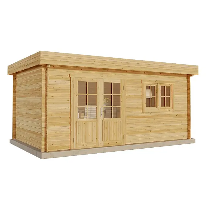Alpholz Gartenhaus Spree A - Außenmaß inkl. Dachüberstand (B x T): 520 x 320 cm, Holz, Pinie - Helles Gartenhaus aus Holz mit Flachdach, Doppeltür und mehreren Fenstern auf einem Betonsockel.