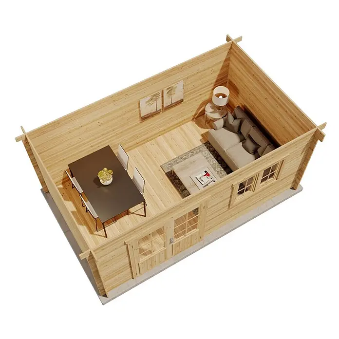 Alpholz Gartenhaus Spree A - Außenmaß inkl. Dachüberstand (B x T): 520 x 320 cm, Holz, Pinie - Innenansicht einer Blockhütte aus hellem Holz mit offenem Wohn- und Essbereich, möbliert mit dunklem Esstisch, Sofa und Lampe.