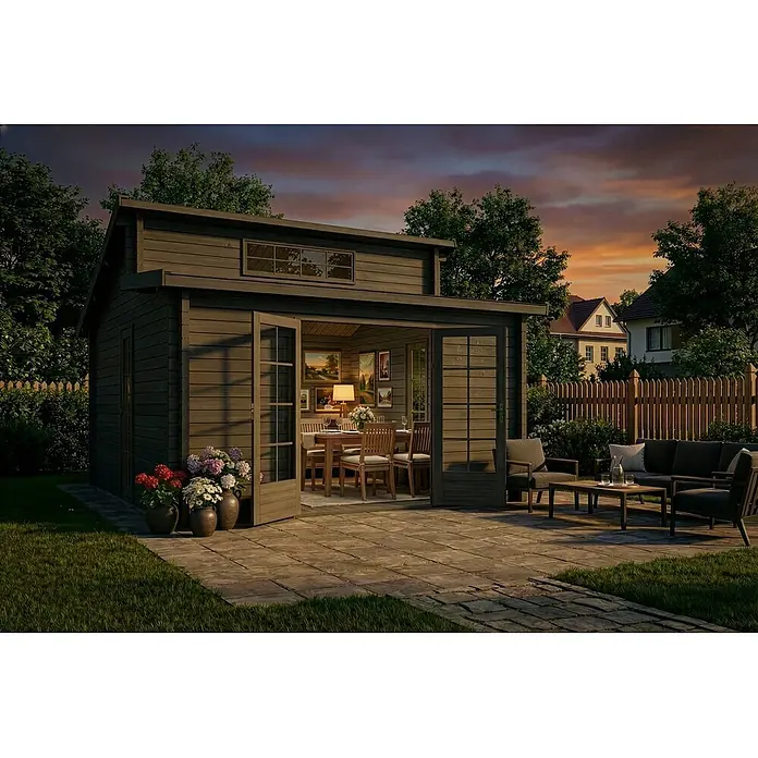 Alpholz Gartenhaus Lausitz - Außenmaß inkl. Dachüberstand (B x T): 440 x 440 cm, Holz, Grau - Dunkles Gartenhaus mit geöffneten Türen, das einen Essbereich und eine Outdoor-Lounge auf gepflasterter Terrasse bei Dämmerung zeigt.
