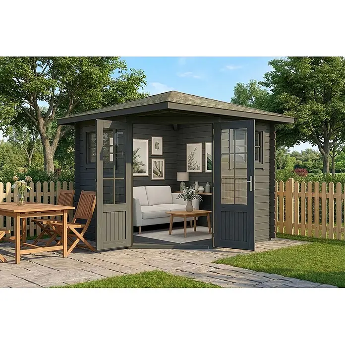 Alpholz Gartenhaus Sunny B - Außenmaß inkl. Dachüberstand (B x T): 269 x 269 cm, Holz, Grau - Dunkelgraues Gartenhaus aus Holz, innen mit Sofa, außen mit Terrasse und Holz-Essgarnitur.