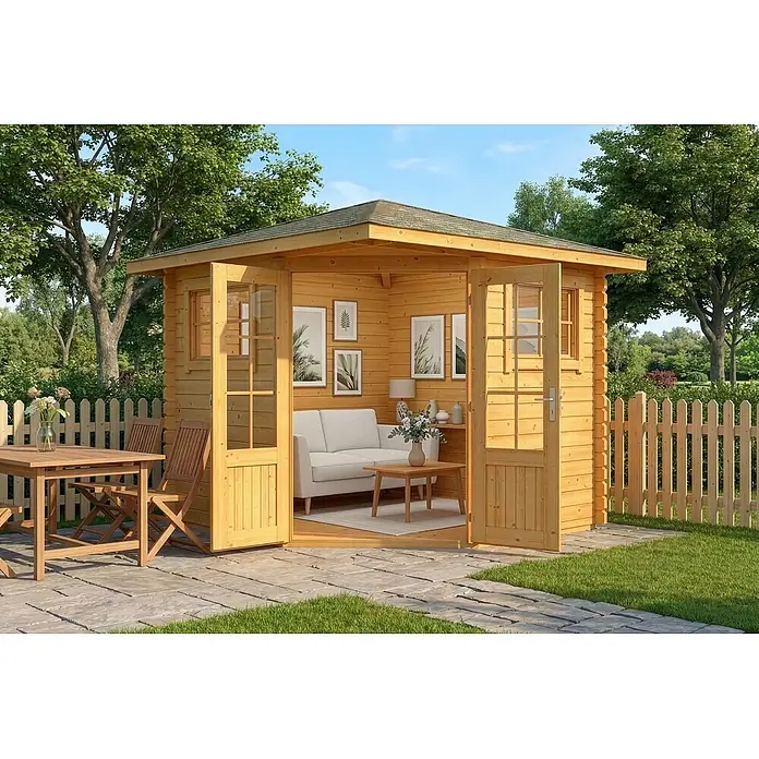Alpholz Gartenhaus Sunny B - Außenmaß inkl. Dachüberstand (B x T): 269 x 269 cm, Holz, Pinie - Gartenhütte aus hellem Holz mit kleiner Terrasse, Essgarnitur und Sofa, als gemütlicher Außenwohnbereich gestaltet.