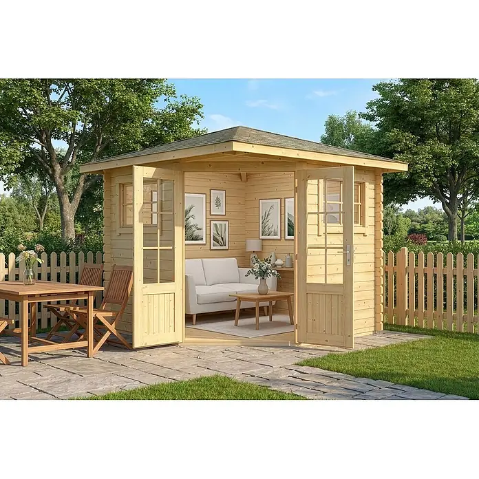 Alpholz Gartenhaus Sunny B - Außenmaß inkl. Dachüberstand (B x T): 269 x 269 cm, Holz, Naturbelassen - Ein helles Gartenhaus aus Holz mit offenen Türen, das ein gemütliches Interieur zeigt, mit Terrasse und Essbereich.