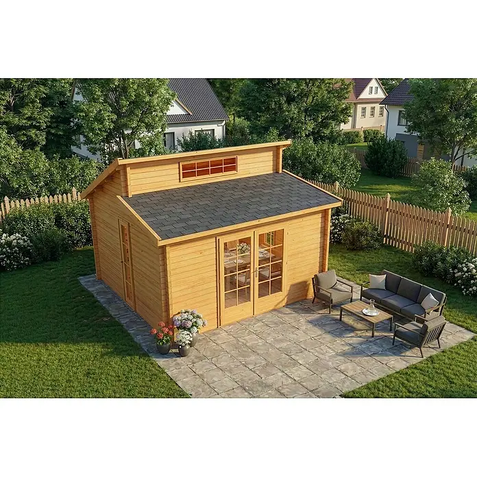 Alpholz Gartenhaus Lausitz - Außenmaß inkl. Dachüberstand (B x T): 440 x 440 cm, Holz, Pinie - Gartenhaus aus Naturholz mit dunklem Dach und einer Terrasse mit Gartenmöbeln.