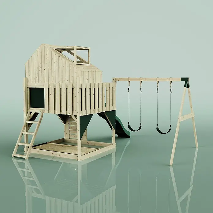 OutdoorToys Klettergerüst Lasse - 399 x 414 x 291 cm, Holz, Grün - Holzspielplatz mit Spielhaus, Rutsche, Sandkasten und Schaukeln, aus Naturholz mit dunkelgrünen Akzenten.