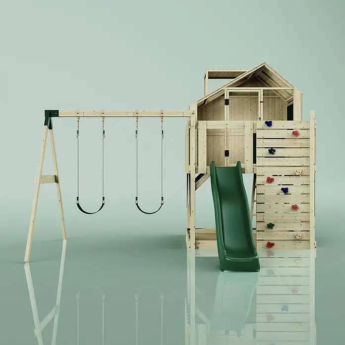 OutdoorToys Klettergerüst Lasse - 399 x 414 x 291 cm, Holz, Grün - Holzspielplatz mit zwei Schaukeln, grüner Rutsche und Kletterwand mit bunten Griffen.