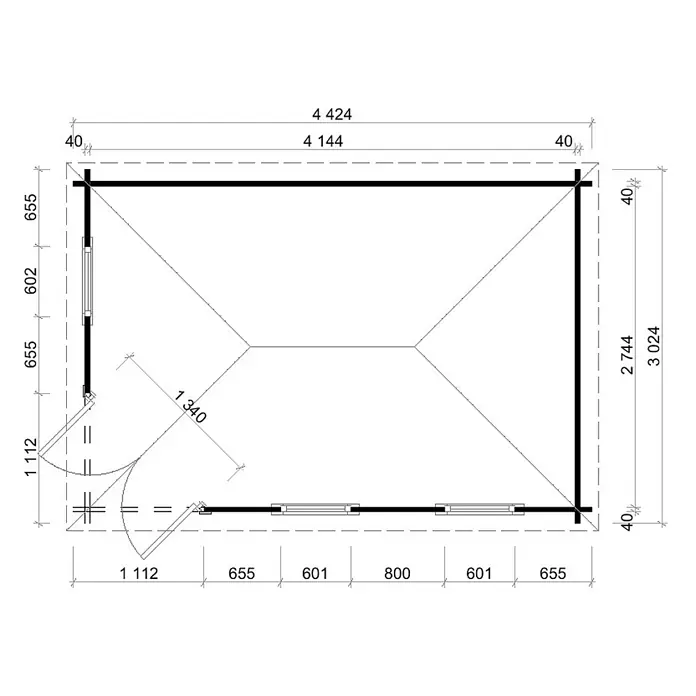 Alpholz Gartenhaus Lido - Außenmaß inkl. Dachüberstand (B x T): 452 x 312 cm, Holz, Pinie - Grundriss einer rechteckigen Hütte/Gartenhauses mit Innen- und Außenmaßen, Tür- und Fensterpositionen.