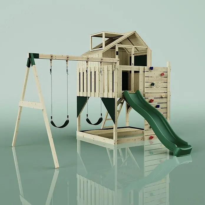 OutdoorToys Klettergerüst Lasse - 399 x 414 x 291 cm, Holz, Grün - Spielturm aus Holz mit Schaukelanbau, Spielhaus, grüner Rutsche und Kletterwand.