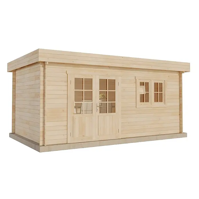 Alpholz Gartenhaus Spree A - Außenmaß inkl. Dachüberstand (B x T): 520 x 320 cm, Holz, Naturbelassen - Natürliches helles Holz Gartenhaus mit Flachdach, doppelt verglasten Türen und Fenster, auf einem Betonfundament.