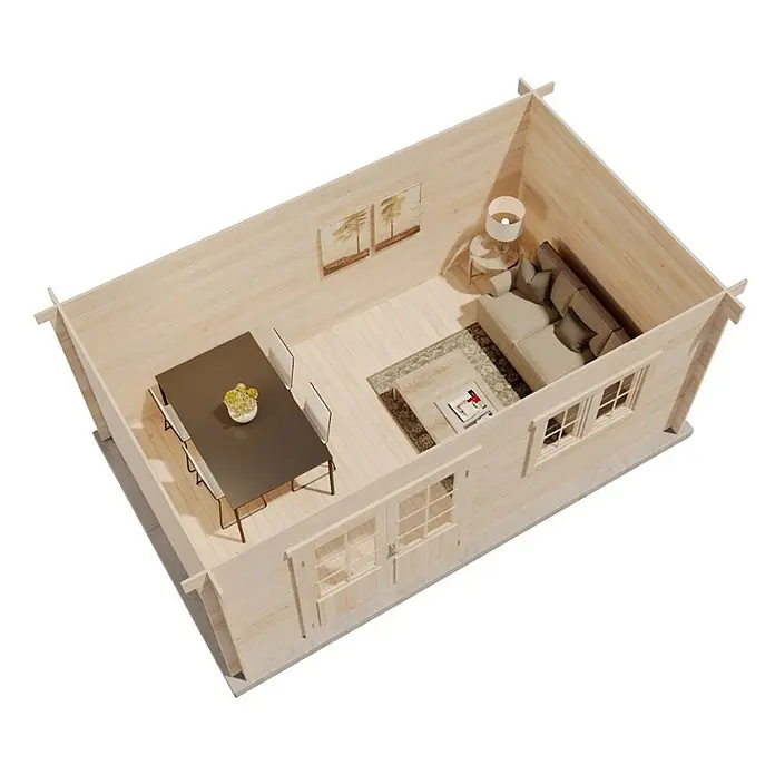 Alpholz Gartenhaus Spree A - Außenmaß inkl. Dachüberstand (B x T): 520 x 320 cm, Holz, Naturbelassen - Heller Holzhütten-Innenraum mit offenem Wohn- und Essbereich, ausgestattet mit Essgruppe und gemütlicher Sofalounge.