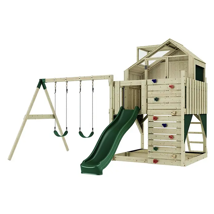OutdoorToys Klettergerüst Lasse - 399 x 414 x 291 cm, Holz, Grün - Hölzernes Spielset mit grüner Rutsche, Schaukeln, Kletterwand und erhöhtem Spielhaus.