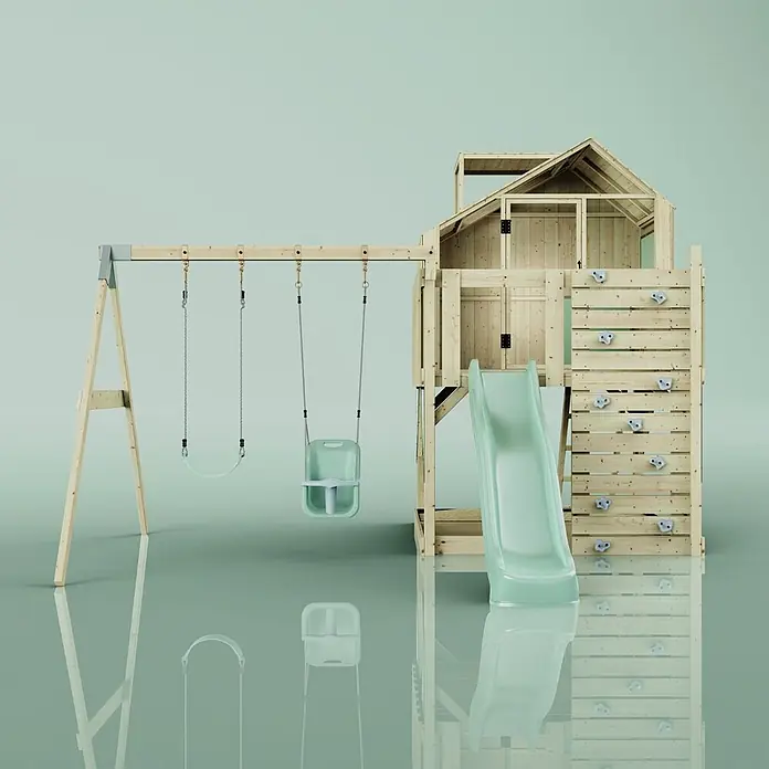 OutdoorToys Klettergerüst Lasse - 399 x 414 x 291 cm, Holz, Grün - Hölzerner Spielturm mit Spielhaus, mintgrüner Rutsche, Kletterwand und zwei Schaukeln, inklusive Babyschaukel.