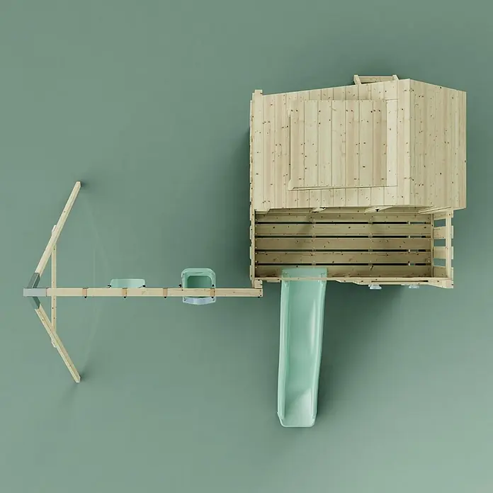 OutdoorToys Klettergerüst Lasse - 399 x 414 x 291 cm, Holz, Grün - Holzspielhaus mit hellgrüner Rutsche und einer Schaukelstange mit zwei Schaukeln.