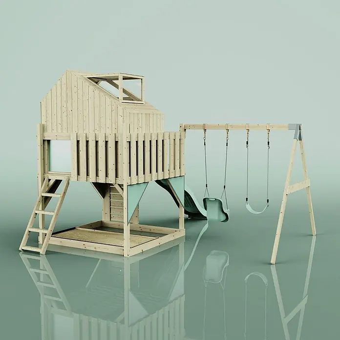 OutdoorToys Klettergerüst Lasse - 399 x 414 x 291 cm, Holz, Grün - Spielplatz aus hellem Holz mit Spielhaus, Leiter, Rutsche und Schaukelgestell mit zwei tealfarbenen Schaukeln.