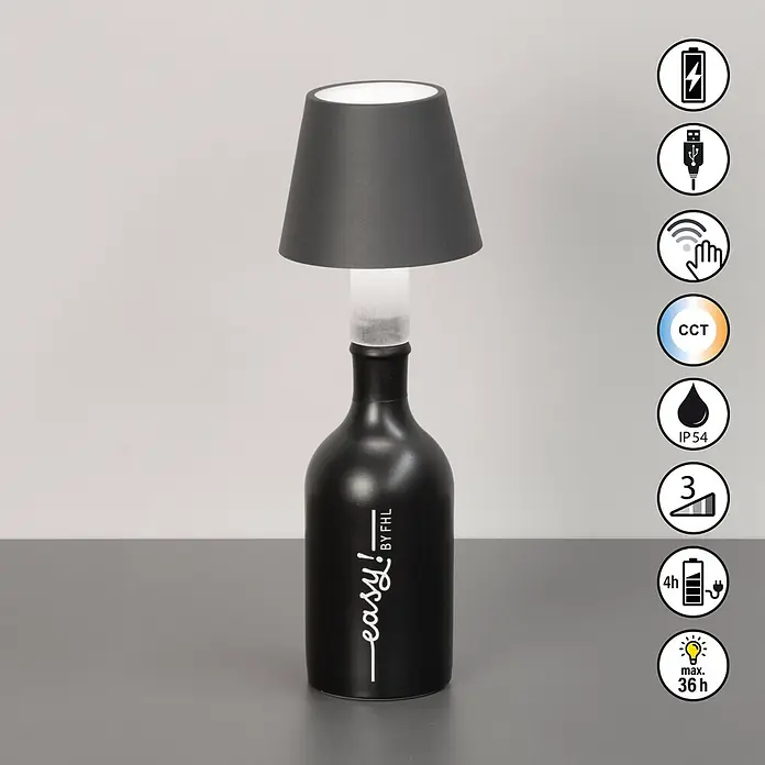 FHL easy Akku-Tischleuchte Fiocco - L x B x H: 12 x 12 x 14 cm, Sandgrau, Kaltweiß, IP54 - Schwarze, flaschenförmige Tischlampe mit dunkelgrauem Schirm, Touch-Steuerung, CCT, Dimmung, USB-Ladefunktion, IP54 und max. 36h Akkulaufzeit.