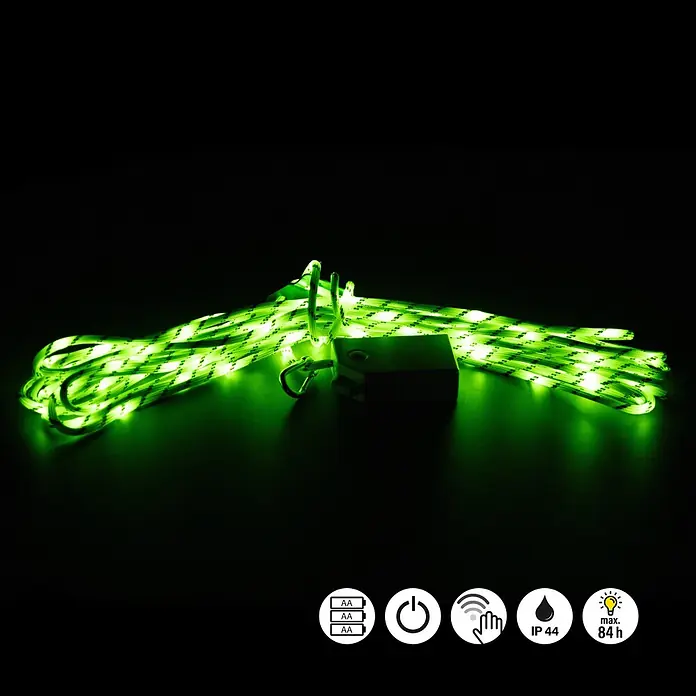 FHL easy Seil LED Brightcord - Außen, Lichtfarbe: Warmweiß, Batteriebetrieben - Grün leuchtendes LED-Seil, aufgerollt, mit Batteriepack und Karabinerhaken.