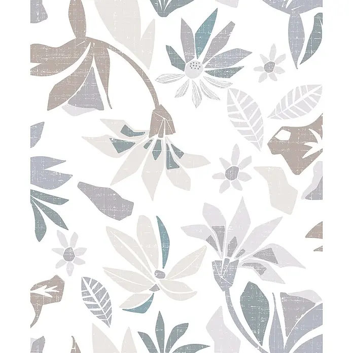 Marburg Flora Vliestapete Floral IV - Weiß-Grau-Beige, Floral, 10,05 x 0,53 m - Abstraktes, distressed Blumenmuster in gedeckten Grau-, Beige- und Blautönen.