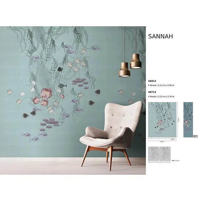 Marburg Smart Art Aspiration Fototapete Illustration - B x H: 212 x 340 cm, Vlies, Grün-Blau - Ein aqua Wandbild mit Unterwasserszene, bunten Fischen und Seegras, an einer Wand hinter einem hellen Sessel.