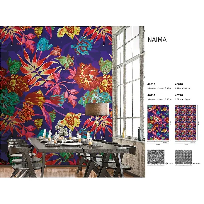 Marburg Smart Art Aspiration Fototapete Floral - B x H: 159 mm x 340 cm, Vlies - Lebhafte florale Tapete mit großen bunten Tropenblumen auf Dunkellila, in einem Esszimmer. Details zu Größen und Mustern sind daneben abgebildet.