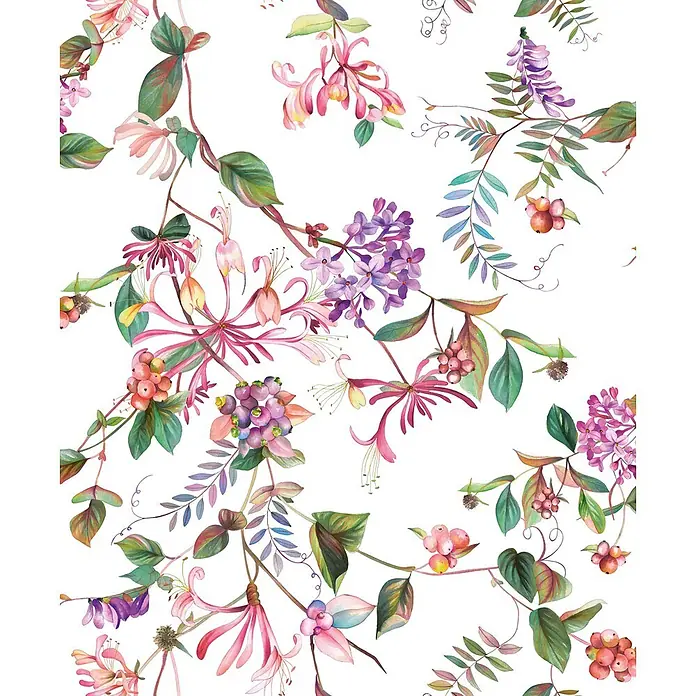 Marburg Flora Vliestapete Floral I - Weiß-Rosa-Grün, Floral, 10,05 x 0,53 m - Nahtloses Aquarellmuster mit lebhaften rosa, lila und gelben Blüten, Beeren und grünem Laub.