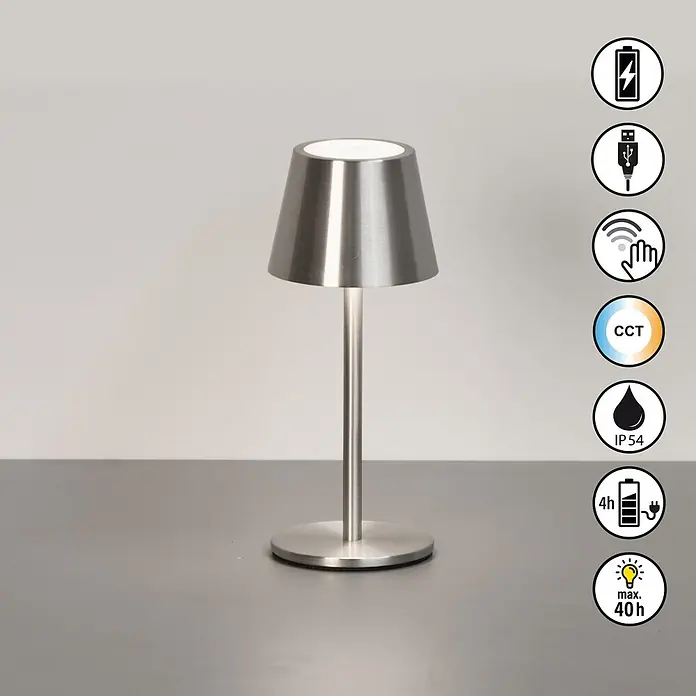 FHL easy Akku-Tischleuchte Salerno - L x B x H: 8,5 x 8,5 x 20 cm, Nickel, Kaltweiß, IP54 - Wiederaufladbare Tischleuchte aus gebürstetem Silber mit konischem Schirm, Touch-Steuerung und einstellbarer Lichtfarbe.