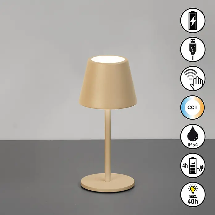 FHL easy Akku-Tischleuchte Salerno - L x B x H: 8,5 x 8,5 x 20 cm, Sandfarben, Kaltweiß, IP54 - Wiederaufladbare goldene Tischlampe mit konischem Schirm und rundem Fuß. Mit Touch-Steuerung, Dimmfunktion und einstellbarer Lichtfarbe.