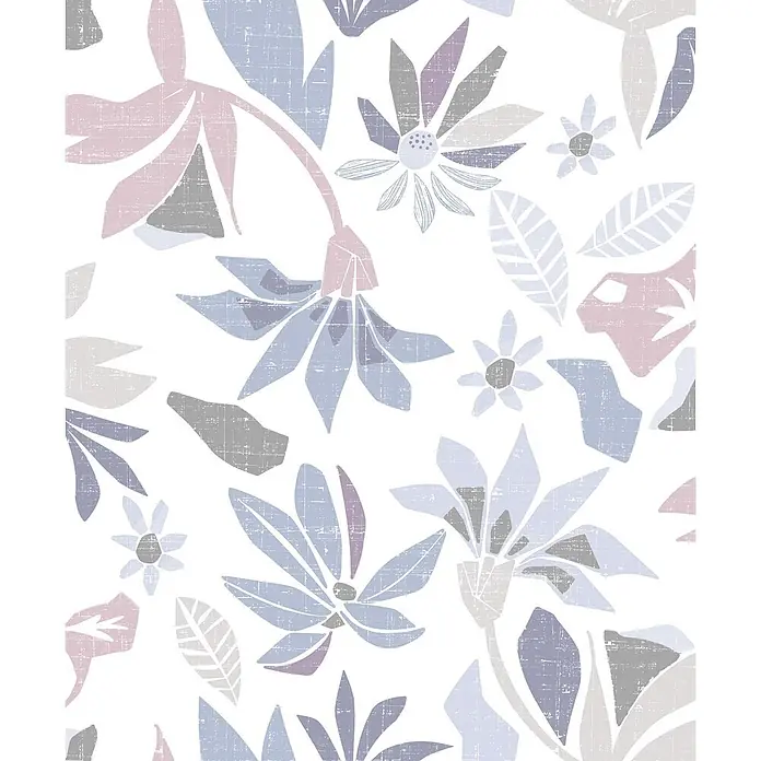 Marburg Flora Vliestapete Floral IV - Weiß-Lila, Floral, 10,05 x 0,53 m - Nahtloses Muster: stilisierte Blumen und Blätter in gedämpftem Blau, Rosa, Violett, Grau; Used-Textur.
