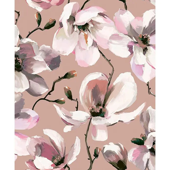 Marburg Flora Vliestapete Floral III - Braun-Weiß-Rosa, Floral, 10,05 x 0,53 m - Nahtloses Muster mit gemalten weißen und rosa Magnolienblüten auf staubrosafarbenem Hintergrund.