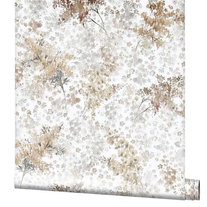 Marburg Flora Vliestapete Floral - Weiß-Braun-Grau, Floral, 10,05 x 0,53 m - Tapetenrolle mit mattem braun-grauem Aquarell-Blumenmuster, abgerollt zur Ansicht des Designs.
