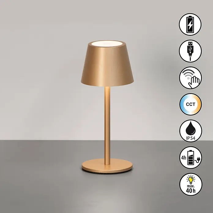 FHL easy Akku-Tischleuchte Salerno - L x B x H: 8,5 x 8,5 x 20 cm, Coffee, Kaltweiß, IP54 - Goldene kabellose Tischlampe mit einstellbarem Licht.