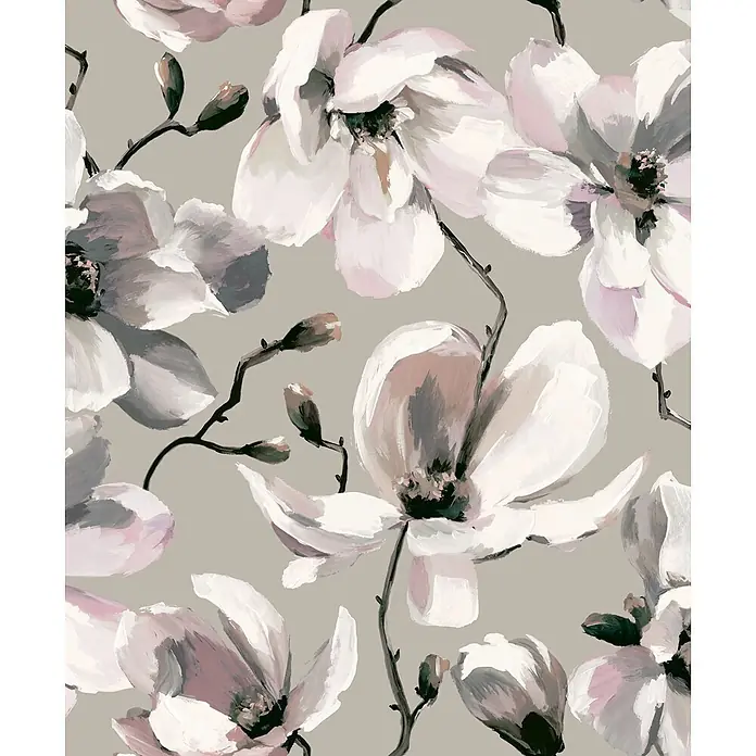 Marburg Flora Vliestapete Floral III - Grau-Beige-Weiß, Floral, 10,05 x 0,53 m - Künstlerisches Muster mit weißen und rosa Magnolienblüten und dunklen Stielen.