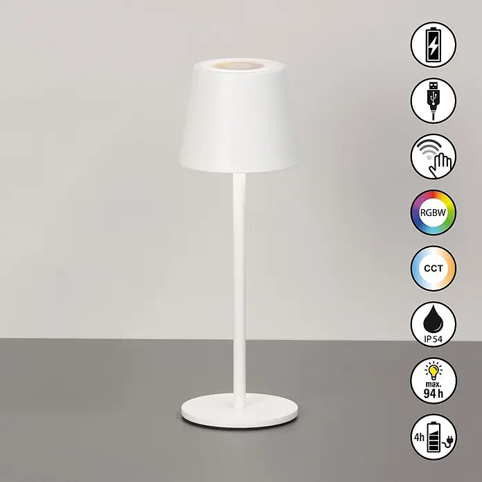 FHL easy Akku-Tischleuchte Bisco - L x B x H: 9 x 9 x 27,5 cm, Sandweiß, Kaltweiß, IP54 - Weiße wiederaufladbare Tischlampe mit RGBW, CCT, Touch-Steuerung, IP54 und max. 94h Akkulaufzeit.