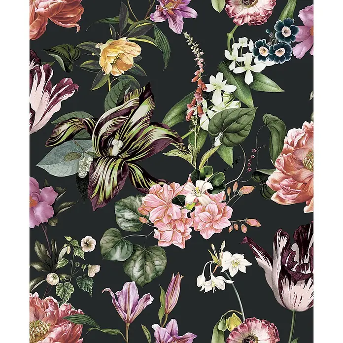 Marburg Flora Vliestapete Flora II - Schwarz-Rosa-Grün, Floral, 10,05 x 0,53 m - Vintage Blumenmuster mit verschiedenen bunten Blumen und grünen Blättern auf dunklem Hintergrund.