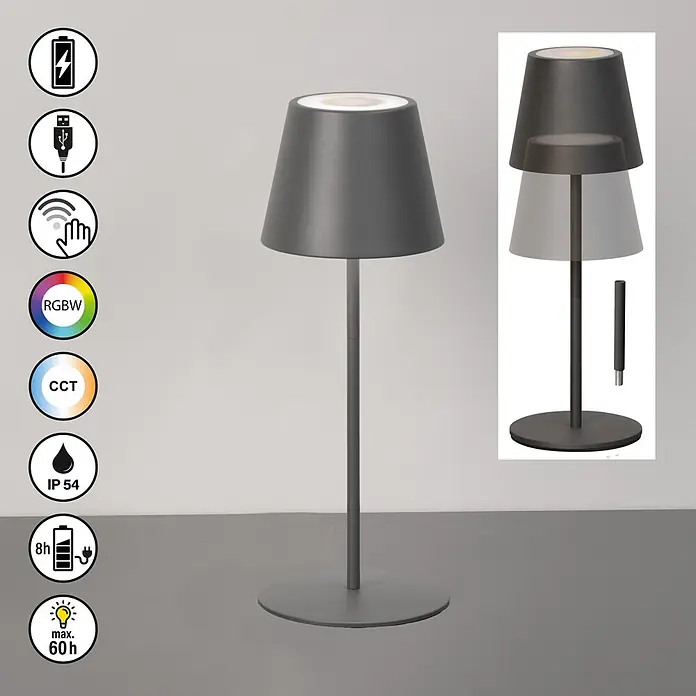 FHL easy Akku-Tischleuchte Ravenna - L x B x H: 11 x 11 x 32 cm, Sandgrau, Kaltweiß, IP54 - Dunkelgraue modulare LED-Tischleuchte mit Akku, USB-Ladefunktion, Touch-Steuerung, RGBW- und CCT-Beleuchtung, IP54-zertifiziert.