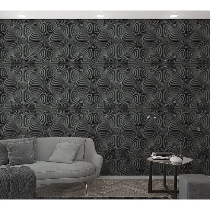 Marburg Smart Art Aspiration Fototapete Grafisch - B x H: 159 mm x 270 cm, Vlies, Anthrazit - Dunkelgraue 3D-strukturierte Wandpaneele mit abstraktem geometrischem Muster an einer Wand im Wohnzimmer.