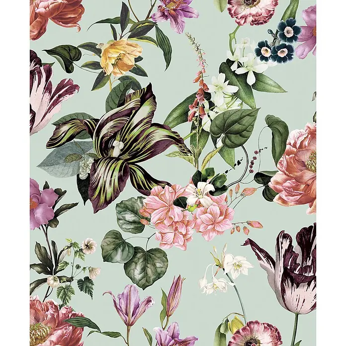 Marburg Flora Vliestapete Flora II - Grün-Rosa, Floral, 10,05 x 0,53 m - Lebhaftes Blumenmuster mit vielfältigen bunten Blüten und Blättern.