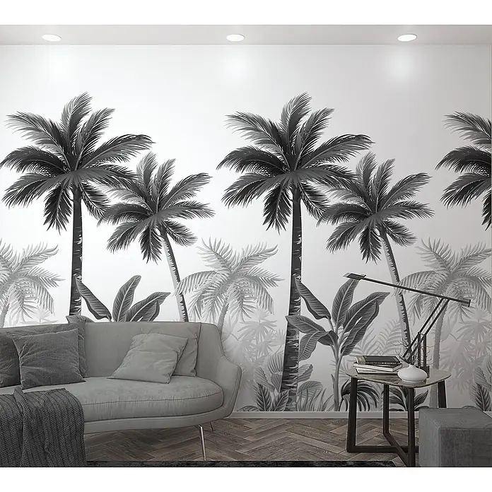 Marburg Smart Art Easy Fototapete Palmen I - B x H: 159 mm x 270 cm, Vlies, Schwarz-Weiß - Schwarz-weißes Palmenwandbild, das einen Wohnraum in ein tropisches, monochromes Design verwandelt.