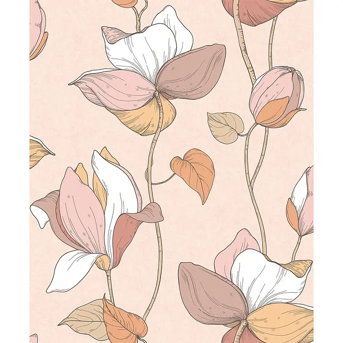 Marburg Flora Vliestapete Flora V - Beige-Braun-Orange, Floral, 10,05 x 0,53 m - Nahtloses Muster mit handgezeichneten Magnolienblüten in gedämpften Rosa-, Pfirsich-, Weiß- und Brauntönen auf hellem strukturiertem Hintergrund.