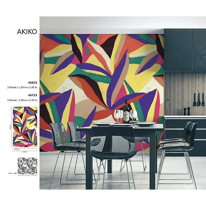 Marburg Smart Art Aspiration Fototapete Grafik VI - B x H: 159 mm x 340 cm, Vlies - Lebhafte 'Akiko' Tapete mit abstrakten, farbenfrohen Blumen- und Blattmustern, die einen modernen Essbereich bereichert.