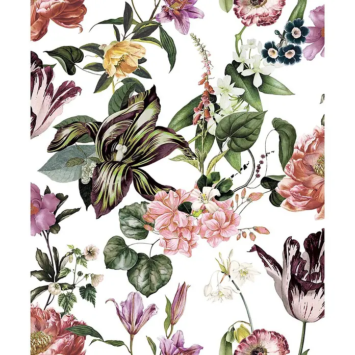 Marburg Flora Vliestapete Flora II - Weiß-Rosa-Grün, Floral, 10,05 x 0,53 m - Lebhaftes Vintage-Blumenmuster mit verschiedenen blühenden Blumen in Lila, Rosa, Gelb und Rot, verschlungen mit sattem Grünlaub.